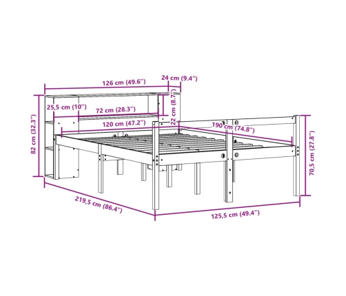 Cama con estantería sin colchón madera maciza marrón 120x190 cm