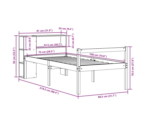 Cama con estantería sin colchón madera maciza marrón 75x190 cm