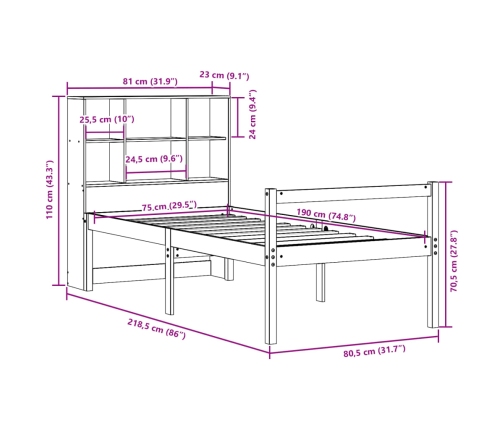 Cama con estantería sin colchón madera maciza de pino 75x190 cm