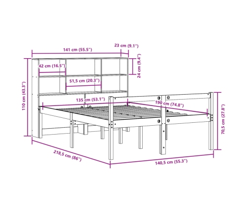 Cama con estantería sin colchón madera maciza blanca 135x190 cm