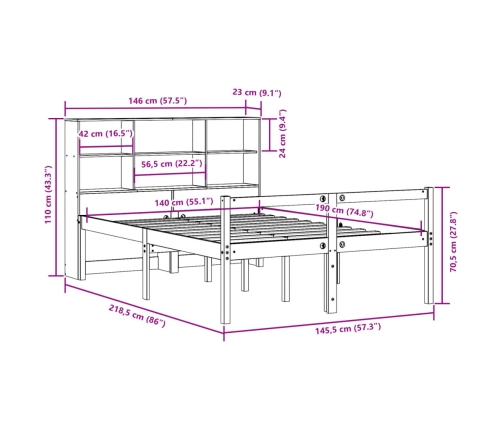 Cama con estantería sin colchón madera maciza de pino 140x190cm