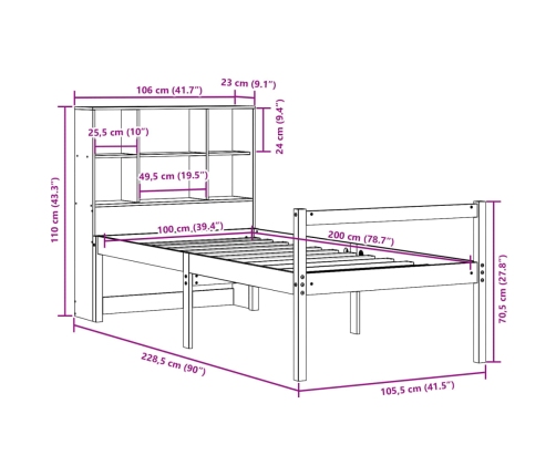 Cama con estantería sin colchón madera maciza de pino 100x200cm
