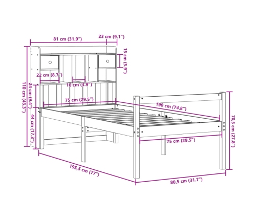 Cama con estantería sin colchón madera maciza de pino 75x190 cm