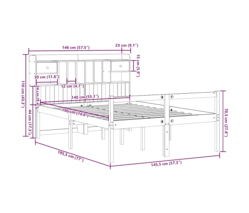 Cama con estantería sin colchón madera maciza de pino 140x190cm