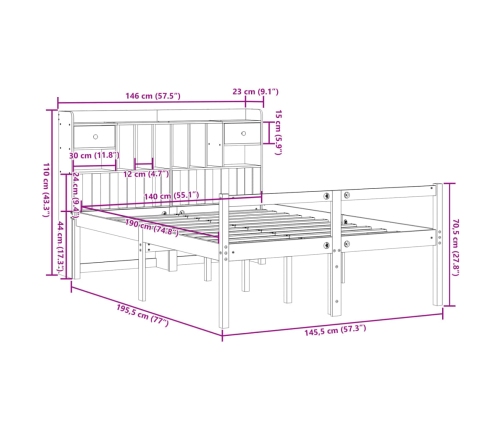 Cama con estantería sin colchón madera maciza blanca 140x190 cm