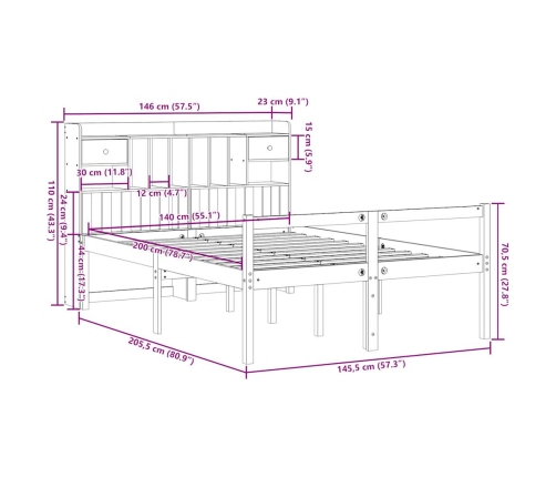 Cama con estantería sin colchón madera maciza de pino 140x200cm