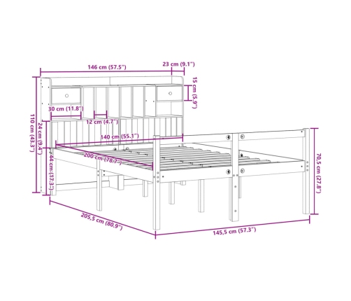 Cama con estantería sin colchón madera maciza blanca 140x200 cm