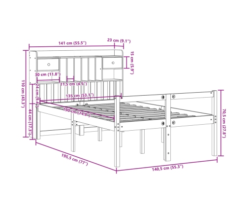 Cama con estantería sin colchón madera maciza marrón 135x190cm