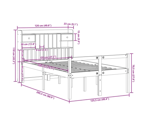 Cama con estantería sin colchón madera maciza marrón 120x200cm