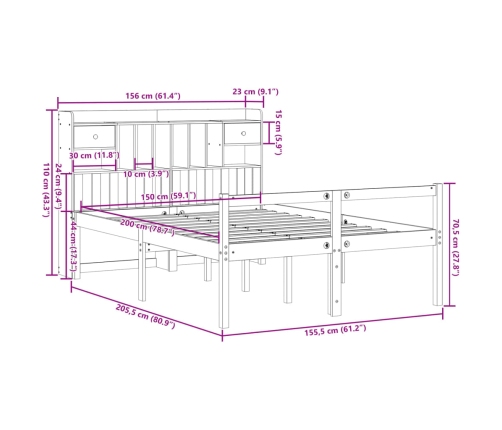 Cama con estantería sin colchón madera maciza marrón 150x200 cm