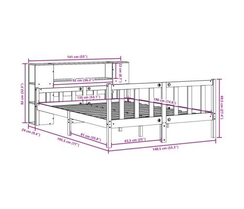 Cama con estantería sin colchón madera maciza de pino 135x190cm