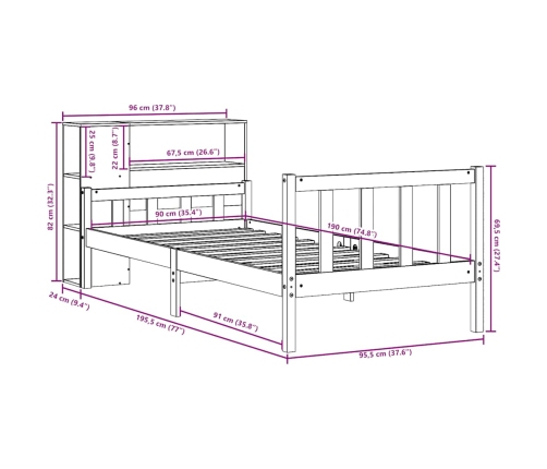 Cama con estantería sin colchón madera maciza de pino 90x190 cm