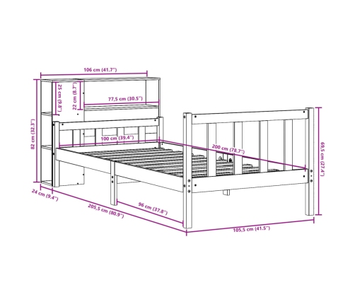 Cama con estantería sin colchón madera maciza de pino 100x200cm