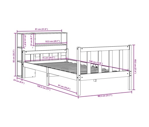 Cama con estantería sin colchón madera maciza marrón 75x190 cm