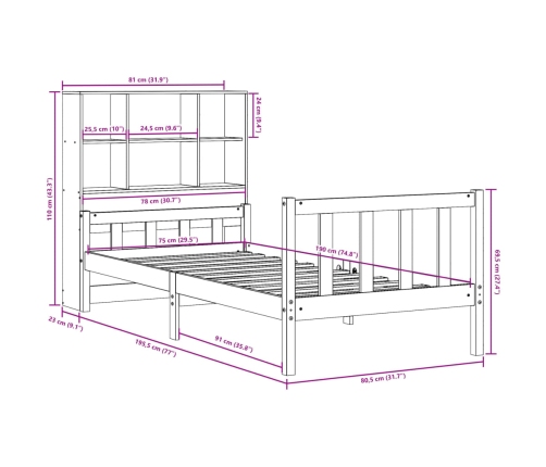 Cama con estantería sin colchón madera maciza de pino 75x190 cm