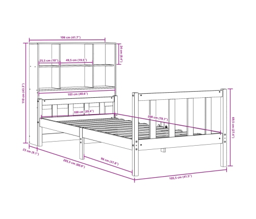 Cama con estantería sin colchón madera maciza de pino 100x200cm