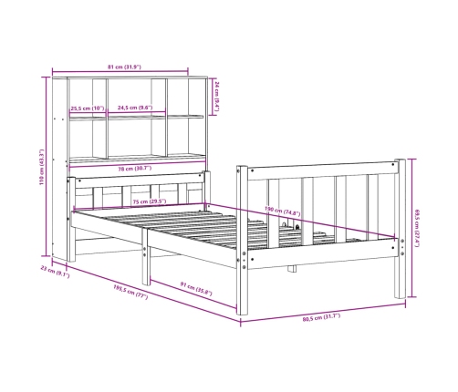 Cama con estantería sin colchón madera maciza marrón 75x190 cm