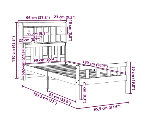 Cama con estantería sin colchón madera maciza de pino 90x190 cm