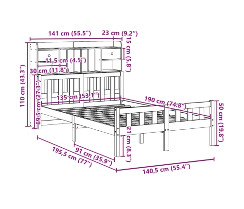 Cama con estantería sin colchón madera maciza de pino 135x190cm