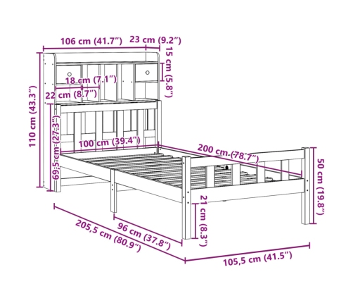 Cama con estantería sin colchón madera maciza de pino 100x200cm