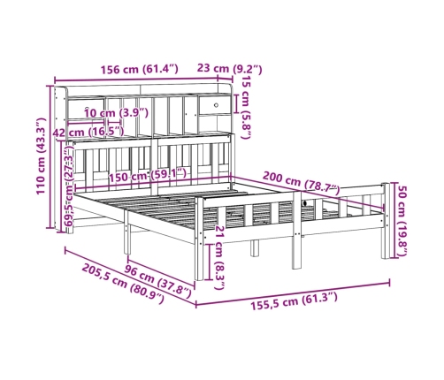 Cama con estantería sin colchón madera maciza de pino 150x200cm