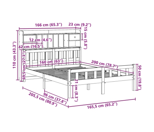 Cama con estantería sin colchón madera maciza de pino 160x200cm
