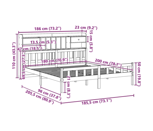Cama con estantería sin colchón madera maciza de pino 180x200cm