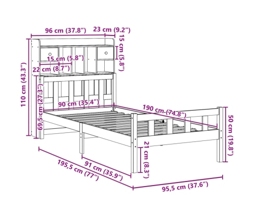 Cama con estantería sin colchón madera maciza marrón 90x190 cm