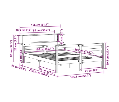 Cama con estantería sin colchón madera maciza de pino 150x200cm