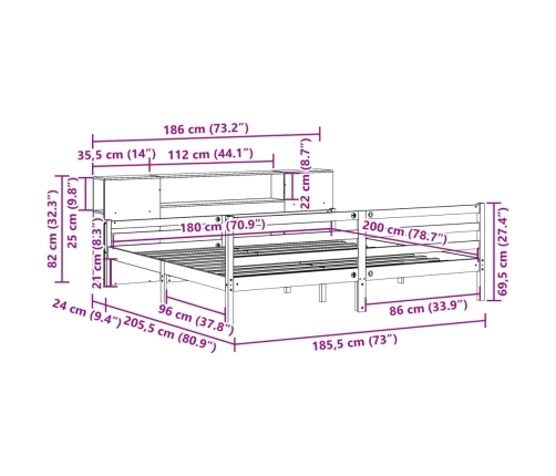 Cama con estantería sin colchón madera maciza blanca 180x200 cm