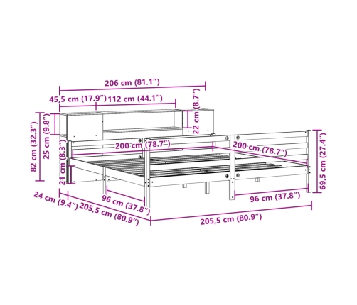 Cama con estantería sin colchón madera maciza de pino 200x200cm