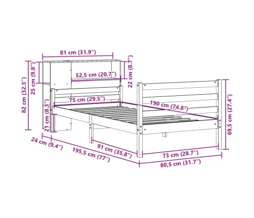 Cama con estantería sin colchón madera maciza de pino 75x190 cm