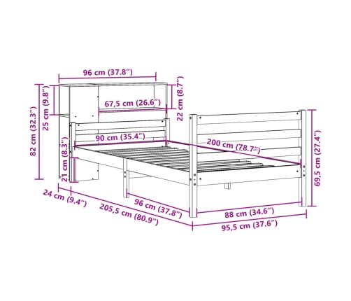 Cama con estantería sin colchón madera maciza de pino 90x200 cm