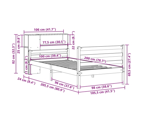 Cama con estantería sin colchón madera maciza blanca 100x200 cm