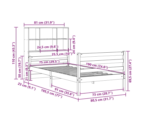 Cama con estantería sin colchón madera maciza de pino 75x190 cm