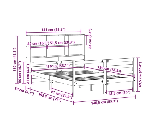 Cama con estantería sin colchón madera maciza de pino 135x190cm