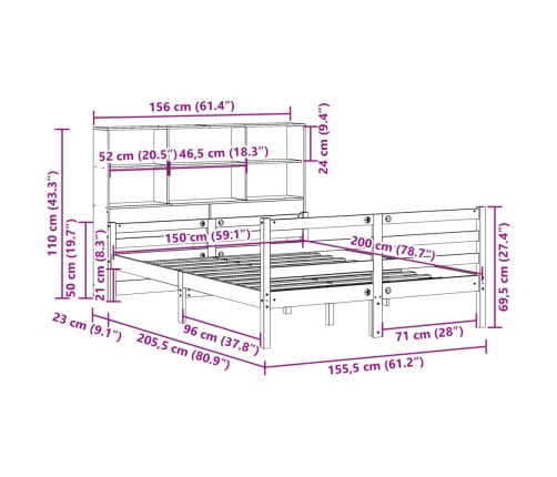 Cama con estantería sin colchón madera maciza de pino 150x200cm