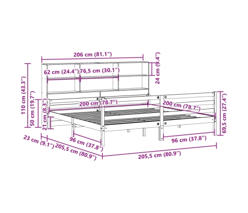 Cama con estantería sin colchón madera maciza de pino 200x200cm