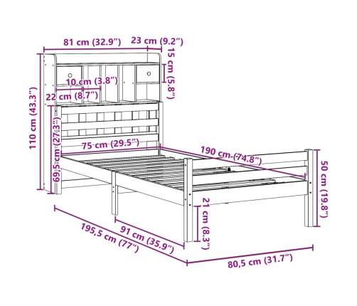 Cama con estantería sin colchón madera maciza de pino 75x190 cm