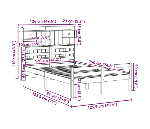 Cama con estantería sin colchón madera maciza blanca 120x190 cm