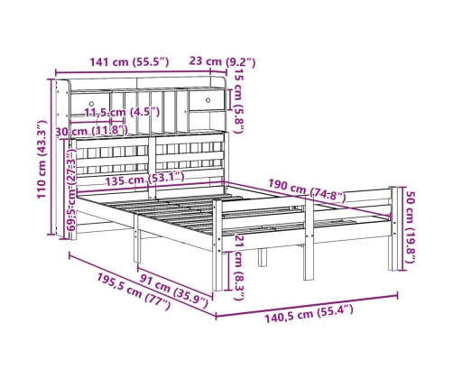 Cama con estantería sin colchón madera maciza de pino 135x190cm