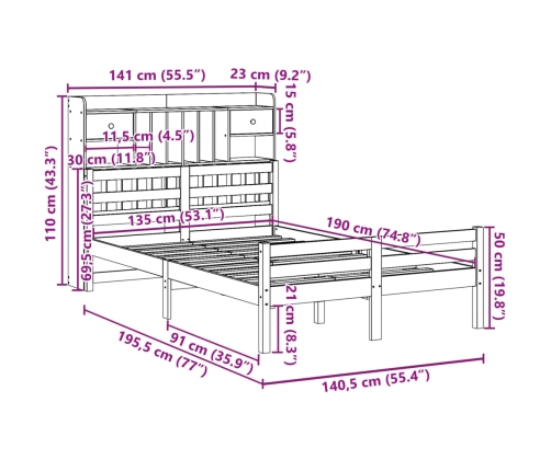 Cama con estantería sin colchón madera maciza blanca 135x190 cm