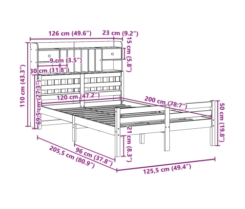 Cama con estantería sin colchón madera maciza de pino 120x200cm