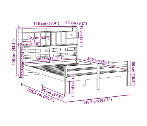 Cama con estantería sin colchón madera maciza blanca 140x200 cm