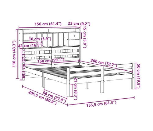 Cama con estantería sin colchón madera maciza de pino 150x200cm