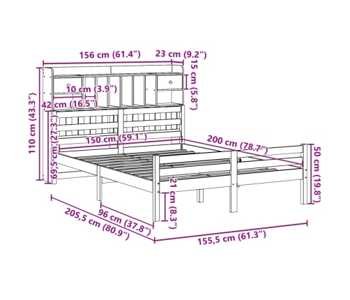 Cama con estantería sin colchón madera maciza blanca 150x200 cm