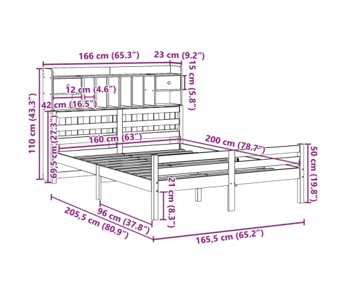 Cama con estantería sin colchón madera maciza blanca 160x200 cm