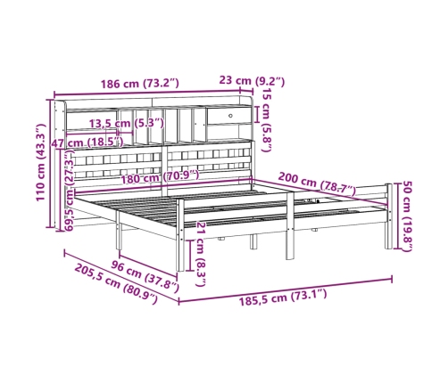 Cama con estantería sin colchón madera maciza blanca 180x200 cm