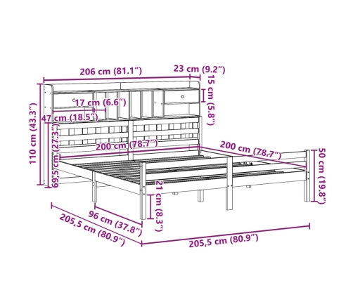 Cama con estantería sin colchón madera maciza blanca 200x200 cm