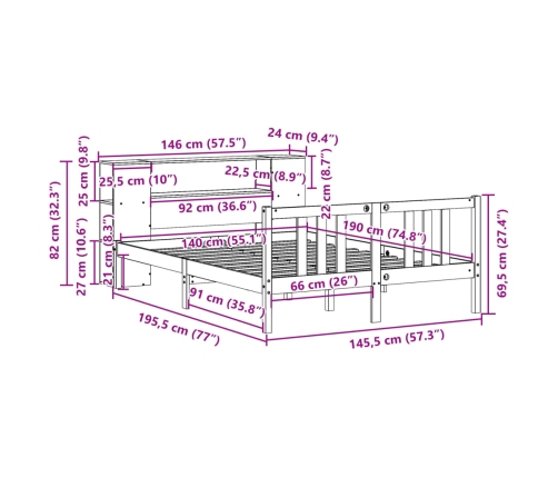 Cama con estantería sin colchón madera maciza de pino 140x190cm